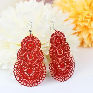 Hollow Out Drop Earring-Lightweight Metal-Red Teardrop